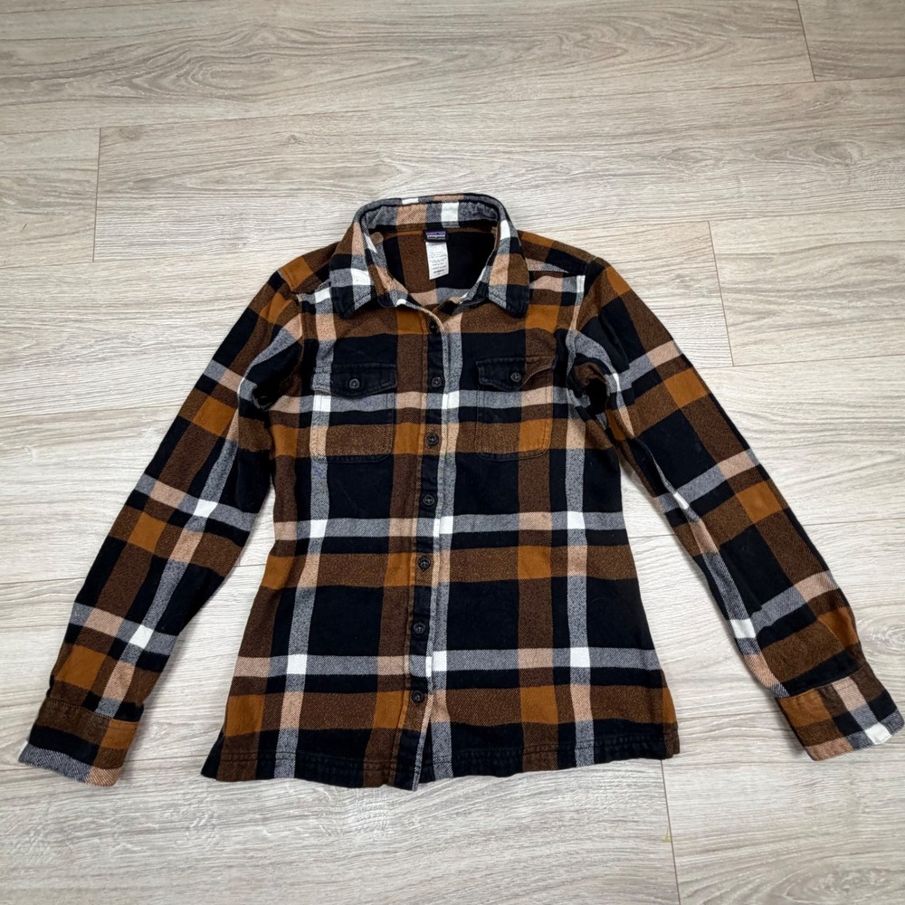 Patagonia Women Brown Black Plaid Organic‎ Cotton Fjord Flannel Shirt Size 4